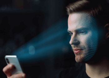 Someone using facial recognition to verify their identity, which represents digital identity verification.
